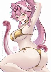 1girl ;d absurdres animal_ear_fluff arm_up armpits ass bikini blush breasts cat_girl cat_tail chascoby choker cleavage curvy eyewear_on_head from_behind gold_bikini golden_week hair_intakes highres hololive hololive_english large_breasts long_hair looking_back one_eye_closed open_mouth pink_hair raora_panthera simple_background smile solo swimsuit tail thighs very_long_hair virtual_youtuber white_background yellow_eyes