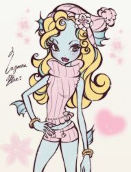 1girl arm_fins beanie blonde_hair blue_skin colored_skin eyelashes eyeshadow fins fish_girl freckles gyaru hat head_fins highres lagoona_blue lilitafaery long_hair makeup monster_high monster_high_(g1) multicolored_hair pom_pom_(clothes) pom_pom_beanie short_shorts shorts streaked_hair two-tone_hair webbed_hands
