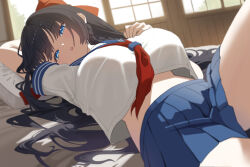 Rule 34 | 1girl, absurdres, arm above head, arm up, bed sheet, black hair, blue eyes, blue skirt, blush, bow, braid, breasts, commentary request, hair bow, hair spread out, hand on own chest, highres, indoors, kkaennip, knee up, korean commentary, large breasts, long hair, looking at viewer, lying, neckerchief, on back, on bed, open mouth, pillow, pleated skirt, red neckerchief, sailor collar, shirayuki hina, shirt, shirt overhang, side braid, sidelocks, skirt, solo, stellive, very long hair, virtual youtuber, white shirt