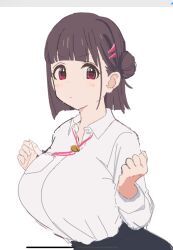 Rule 34 | 1girl, art program in frame, bad id, bad twitter id, black skirt, blunt bangs, blunt ends, blush, bolo tie, breast pocket, breasts, brown hair, clenched hands, closed mouth, collared shirt, commentary request, dress shirt, hair bun, hair ornament, hairclip, highres, large breasts, original, osakana (kitasisn), pocket, purple eyes, sakazaka-chan (osakana), shirt, shirt tucked in, short hair, simple background, single hair bun, skirt, solo, upper body, v-shaped eyebrows, white background, white shirt