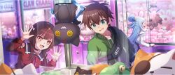 +_+ 1boy 2girls against_glass aqua_(konosuba) arcade black_choker blue_eyes blue_hair breasts brown_hair button_eyes buttons character_doll choker chomusuke clothing_cutout contemporary crane_game doll dress dutch_angle eyepatch fanny_pack game_cg green_eyes green_jacket hair_ornament hair_rings hand_on_glass hand_on_own_hip highres indoors jacket jewelry kono_subarashii_sekai_ni_shukufuku_wo! konosuba!_fantastic_days long_hair long_sleeves megumin multiple_girls necklace official_art open_mouth red_eyes reflection satou_kazuma shoulder_cutout small_breasts smile sparkle stuffed_animal stuffed_cat stuffed_frog stuffed_rabbit stuffed_toy tearing_up third-party_source very_long_hair white_dress