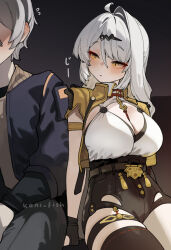 1boy 1girl belt blush breasts grey_hair high-waist_shorts kani_fish shorts single_hair_intake single_thighhigh thigh_strap thighhighs vest white_hair wise_(zenless_zone_zero) yellow_eyes yellow_vest yi_xuan_(zenless_zone_zero) zenless_zone_zero