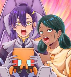 2girls bindi black_hair cockpit conch_(gundam) dark-skinned_female dark_skin double_bun green_eyes gundam gundam_gquuuuuux hair_bun holding lalah_sune long_hair long_sleeves looking_at_viewer mecha_pilot_suit miyabidai multiple_girls normal_suit_(gundam) nyaan_(gundam_gquuuuuux) open_mouth ponytail science_fiction shirt surprised sweatdrop yellow_eyes