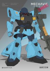 Rule 34 | artstation logo, blu soldier (tf2), character name, clenched hand, commission, deviantart logo, dom trooper, facebook logo, fusion, gun, gundam, gundam seed, gundam seed destiny, harryych, helmet, highres, holding, holding gun, holding weapon, magazine (weapon), mecha, no humans, one-eyed, pixiv logo, red eyes, robot, science fiction, shadow, soldier (tf2), solo, team fortress 2, twitter logo, twitter username, weapon