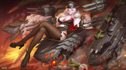 1girl absurdres azur_lane breasts cleavage graf_zeppelin_(azur_lane) hat high_heels highres iceplay large_breasts long_hair looking_at_viewer military_hat pantyhose red_eyes ship_turret sitting smoke solo thighband_pantyhose very_long_hair white_hair