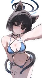 1girl animal_ear_fluff animal_ears back_hair bare_arms bare_shoulders bikini black_choker black_eyes blue_archive blue_bikini breasts cat_ears cat_girl cat_tail choker cleavage gangbyeon hand_on_own_thigh highres kikyou_(blue_archive) kikyou_(swimsuit)_(blue_archive) looking_at_viewer multiple_tails navel official_art reaching reaching_towards_viewer short_hair solo stomach swimsuit tail two_tails