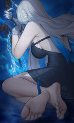 1girl absurdres armored_gloves armpit_crease bare_legs bare_shoulders barefoot black_dress breasts chinese_commentary commentary_request crossed_ankles crown_of_thorns dress earrings feet fleurdelys_(wuthering_waves) floating_earrings from_behind gloves highres holding holding_sword holding_weapon horns jewelry large_breasts long_hair paid_reward_available planted planted_sword planted_weapon pointy_ears sa-baaa sideboob single_glove single_horn soles solo sword toenails toes very_long_hair weapon wuthering_waves yellow_horns