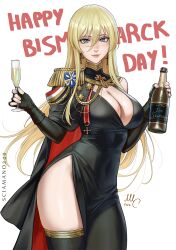 1girl alcohol azur_lane bismarck_(azur_lane) black_dress black_gloves black_thighhighs blonde_hair blue_eyes bottle breasts champagne cleavage closed_mouth cross cross_earrings cup dress earrings epaulettes evening_gown fingerless_gloves gloves hair_between_eyes highres holding holding_bottle holding_cup jewelry large_breasts lips looking_at_viewer sciamano240 side_slit simple_background single_epaulette smile solo thighhighs white_background