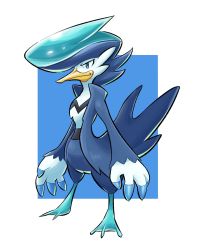 blue_background blue_eyes border closed_mouth commentary_request creatures_(company) fakemon from_side full_body game_freak highres nintendo no_humans pokemon pokemon_(creature) quaxly show_(wzve7872) smile solo standing white_border