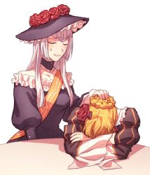 2girls beatrice_(umineko) black_dress black_hat blunt_ends braid closed_eyes dress flower hat hat_flower highres hswoimuxk0pwr0h_(bbdan) long_hair multiple_girls off-shoulder_dress off_shoulder old old_woman puffy_sleeves red_flower red_rose rose smile sweat umineko_no_naku_koro_ni virgilia_(umineko) white_hair