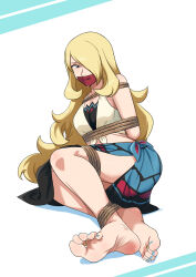 1girl arms_behind_back barefoot blonde_hair bound breasts cynthia_(pokemon) cynthia_(summer_2025)_(pokemon) gag gagged improvised_gag jewelry legs long_hair lost_one_zero nail_polish nintendo pokemon pokemon_masters_ex sarong tape tape_gag toe_ring toenail_polish toenails