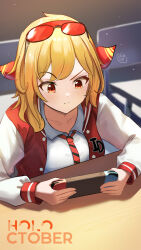1girl alternate_costume blonde_hair bow chair collared_shirt commentary desk diagonal-striped_clothes diagonal-striped_necktie double-parted_bangs dreadpunk english_commentary eyewear_on_head hair_bow hairband handheld_game_console highres holding holding_handheld_game_console hololive hololive_indonesia indoors jacket kaela_kovalskia letterman_jacket light_particles long_sleeves looking_at_object medium_hair necktie nintendo_switch raglan_sleeves raised_eyebrow red-tinted_eyewear red_bow red_eyes red_hairband red_jacket red_necktie shirt sidelighting single_sidelock sleeve_cuffs solo striped_clothes sunglasses swept_bangs tinted_eyewear virtual_youtuber white_shirt white_sleeves
