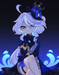 Rule 34 | absurdres, blue coat, blue eyes, coat, commentary, crossed legs, english commentary, furina (genshin impact), genshin impact, gradient background, hat, heterochromia, highres, light smile, mizah (mizah), ribbon, shorts, sideways hat, teardrop-shaped gem, white hair, white shorts