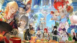 3boys 6+girls abs aglaea_(honkai:_star_rail) anaxa_(honkai:_star_rail) animal_ears antenna_hair aqua_hair arm_tattoo armlet armor black_choker black_coat black_gloves black_jacket black_shirt blonde_hair blue_cape blue_eyes blue_sky braid cape castorice_(honkai:_star_rail) cat_ears cat_girl chest_tattoo choker cipher_(honkai:_star_rail) coat cooking dan_heng_(honkai:_star_rail) dan_heng_(hunt)_(honkai:_star_rail) dress facial_tattoo fingerless_gloves flower food gloves gold_necklace gradient_hair grey_hair hair_between_eyes hair_flower hair_ornament halo halo_behind_head herta_(honkai:_star_rail) highres honkai:_star_rail honkai_(series) hyacine_(honkai:_star_rail) ikenotori jacket jewelry laurel_crown long_hair march_7th_(honkai:_star_rail) march_7th_(preservation)_(honkai:_star_rail) meat medium_hair mem_(honkai:_star_rail) multicolored_hair multiple_boys multiple_girls mydei_(honkai:_star_rail) necklace open_clothes open_coat open_jacket pauldrons phainon_(honkai:_star_rail) pink_hair pom-pom_(honkai:_star_rail) purple_eyes purple_hair red_hair red_tattoo salad shirt short_hair shoulder_armor side_braid single_glove single_pauldron sky stelle_(honkai:_star_rail) sunday_(honkai:_star_rail) tattoo the_herta_(honkai:_star_rail) tiara toned toned_male trailblazer_(honkai:_star_rail) trianne_(honkai:_star_rail) tribbie_(honkai:_star_rail) trinnon_(honkai:_star_rail) welt_yang white_coat white_dress white_hair yellow_eyes