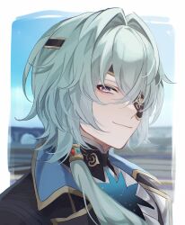 1boy absurdres anaxa_(honkai:_star_rail) aqua_hair black_jacket closed_mouth eyepatch fz7047 hair_between_eyes highres honkai:_star_rail honkai_(series) jacket looking_at_viewer male_focus one_eye_covered pink_pupils side_ponytail smile solo upper_body