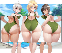 3girls ahoge ass back back_cutout black-framed_eyewear black_hair blonde_hair blue_eyes blue_sky blush breasts brown_eyes clothing_cutout cloud commentary_request competition_swimsuit day glasses green_one-piece_swimsuit grey_hair highleg highleg_one-piece_swimsuit knees large_breasts looking_at_viewer multiple_girls multiple_views nakamura_yukitoshi one-piece_swimsuit original outdoors over-rim_eyewear ponytail semi-rimless_eyewear short_hair sky standing swimsuit thick_thighs thighs variant_set