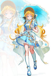 1girl absurdres blonde_hair blue_dress blue_eyes blue_shoes blue_umbrella bonnet dong100art dress facing_viewer frilled_umbrella frills full_body hair_between_eyes highres holding holding_umbrella kneehighs long_hair looking_ahead original parted_lips puffy_short_sleeves puffy_sleeves shoes short_dress short_sleeves socks solo standing standing_on_one_leg umbrella very_long_hair white_background zoom_layer