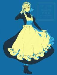 1girl alternate_costume apron blue_background character_request commentary_request enmaided famiresu_wo_kyouju_seyo highres maid maid_apron maid_headdress mia960 simple_background smile solo yellow_eyes