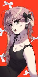 1girl absurdres black_bow black_dress bow bow_background breasts childhood_friend_complex dress ear_piercing earrings eunhi green_eyes hair_bow highres jewelry kwon_minji long_hair looking_at_viewer official_art open_mouth piercing pink_hair red_background side_ponytail simple_background sitting sleeveless sleeveless_dress small_breasts solo very_long_hair white_bow