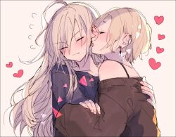 2girls amane_(7783) black_shirt blonde_hair brown_shirt character_request closed_eyes closed_mouth commentary_request ear_licking ear_piercing grey_background heart idolmaster idolmaster_cinderella_girls licking multiple_girls off-shoulder_shirt off_shoulder open_mouth piercing shirt short_hair simple_background tongue tongue_out yuri