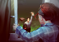 Rule 34 | 2boys, aged down, arm up, black hair, briefcase, brothers, brown eyes, brown hair, brown pants, closed mouth, collared shirt, daniel j. d&#039;arby, grass, highres, holding dool, indoors, jojo no kimyou na bouken, long sleeves, multiple boys, night, night sky, one eye closed, pajamas, pants, shirt, short hair, siblings, sky, smile, standing, stardust crusaders, terence t. d&#039;arby, white shirt, window, zouhyou (at4190)