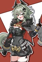 Rule 34 | 1girl, absurdres, belt, black choker, black thighhighs, blush, breasts, caesar king (zenless zone zero), cape, choker, cleavage, eyebrows hidden by hair, fur-trimmed cape, fur trim, gloves, green eyes, hair ornament, hairclip, highres, long hair, looking at viewer, low ponytail, open mouth, ponytail, red background, rieana, smile, solo, spiked hair, standing, teeth, thighhighs, thighs, turtleneck, upper teeth only, very long hair, white background, yellow eyes, zenless zone zero
