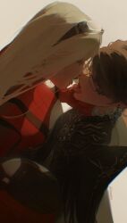 2girls after_kiss bayonetta bayonetta_(series) black_hair eyewear_on_head glasses highres hiroshi_(hiiroshiiii) jeanne_(bayonetta) long_hair mole mole_under_mouth multiple_girls open_mouth saliva saliva_trail tongue tongue_out yuri
