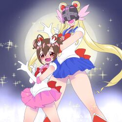 2girls absurdres angewomon back_bow bishoujo_senshi_sailor_moon blonde_hair blue_sailor_collar blue_skirt blush body_blush boots bow brooch brown_eyes brown_hair child choker circlet collarbone cosplay covered_eyes covered_navel digimon digimon_(creature) digimon_adventure double_bun drill_hair elbow_gloves full_moon gerusyu gloves gluteal_fold hair_bun hair_ornament heart heart_choker helmet helmet_over_eyes highres jewelry long_hair looking_at_viewer magical_girl miniskirt moon multiple_girls night night_sky open_mouth outdoors panties pantyshot parody pink_sailor_collar pink_skirt pleated_skirt pointing pointing_at_viewer pose_imitation red_bow red_choker sailor_chibi_moon sailor_chibi_moon_(cosplay) sailor_collar sailor_moon sailor_moon_(cosplay) sailor_moon_pose sailor_senshi_uniform shiny_skin short_hair skirt sky smile sparkle star_(sky) starry_sky tongue tsuki_ni_kawatte_oshioki_yo twintails underwear white_gloves winged_helmet yagami_hikari