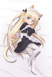 &gt;:( 1girl animal_ear_fluff animal_ears apron black_dress blonde_hair blue_eyes blush cat_ears cat_girl cat_tail dress frilled_dress frills full_body highres long_hair long_sleeves looking_at_viewer lying maid maid_apron maid_headdress mogura2009 on_side original pantyhose strap_slip tail v-shaped_eyebrows very_long_hair white_pantyhose