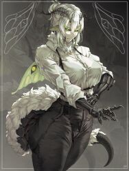 1girl absurdres antennae arthropod_girl black_bra black_pants black_sclera bra bra_visible_through_clothes breasts collared_shirt colored_sclera colored_skin commentary cowboy_shot english_commentary extra_arms grape_(grape05843924) green_eyes grey_hair hair_between_eyes hair_bun highres horns indie_virtual_youtuber insect_girl insect_wings juniper_actias large_breasts looking_at_viewer monster_girl moth_girl pants shirt solo tail underwear virtual_youtuber white_hair white_shirt wings