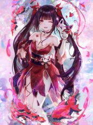 1girl ;d absurdres bare_shoulders bell black_choker black_gloves blunt_bangs breasts brown_hair chest_tattoo choker commentary_request criss-cross_halter dress facial_mark feet_out_of_frame fingernails flower_tattoo fox_mask gloves halterneck hand_on_own_hip highres holding holding_mask honkai:_star_rail honkai_(series) jingle_bell long_hair looking_at_viewer luta_(luta_1013) mask nail_polish neck_bell o-ring one_eye_closed open_mouth red_dress red_eyes red_nails sash single_glove sleeveless sleeveless_dress small_breasts smile solo sparkle_(honkai:_star_rail) standing tattoo twintails twitter_username very_long_hair