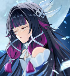 1girl black_hair closed_eyes columbina_(genshin_impact) eye_mask fur_trim genshin_impact hair_ornament head_wings long_hair miyanami_3 moon multicolored_hair ribbon solo streaked_hair two-tone_hair white_mask wings