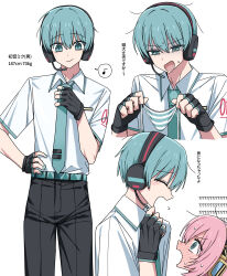 Rule 34 | 1boy, 1girl, absurdres, belt, black gloves, black pants, blue belt, blue eyes, blue hair, blue necktie, blush, channel (caststation), collared shirt, duplicate, fingerless gloves, full-face blush, genderswap, genderswap (ftm), gloves, hatsune mikuo, headphones, headset, highres, holding, holding panties, holding underwear, holding unworn clothes, male focus, megurine luka, multiple views, necktie, open mouth, panties, pants, pink hair, pixel-perfect duplicate, shirt, short hair, simple background, smile, striped clothes, striped panties, sweat, translated, underwear, unworn panties, vocaloid, white background, white shirt