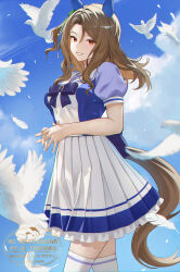 Rule 34 | 1girl, absurdres, animal ears, bird, blue sky, brown hair, dove, ear covers, highres, horse ears, horse girl, horse tail, king halo (umamusume), looking at viewer, murazo (0606), puffy short sleeves, puffy sleeves, purple shirt, red eyes, school uniform, shirt, short sleeves, sky, smile, solo, tail, thighhighs, tracen school uniform, umamusume, white thighhighs