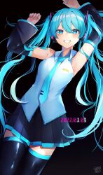 1girl :d absurdres aqua_eyes aqua_hair aqua_nails aqua_necktie armpits black_background black_shoes black_skirt black_sleeves boots breasts collared_shirt commentary dated detached_sleeves fingernails grin hair_between_eyes hatsune_miku highres long_sleeves looking_at_viewer miku_day mochita_mogu nail_polish necktie open_mouth pleated_skirt shirt shoes skirt sleeveless sleeveless_shirt smile solo teeth thigh_boots thighhighs tie_clip twintails vocaloid white_shirt zettai_ryouiki