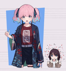 2girls belt black_shorts blue_eyes blue_hair blue_haori blue_ribbon blush brown_hair chinese_commentary clenched_teeth commentary_request cosplay double_middle_finger earrings girls_band_cry hair_ribbon haori highres hina_(girls_band_cry) iseri_nina iseri_nina_(cosplay) jacket japanese_clothes jewelry kuuhaku_to_catharsis low_twintails middle_finger multicolored_hair multiple_girls open_clothes open_jacket open_mouth pink_hair pinky_out red_shirt ribbon shirt short_hair short_twintails shorts streaked_hair teeth twintails white_belt yun_cao_bing
