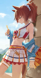 1girl animal_ears brown_hair cheerleader crop_top highres holding holding_pom_poms horse_ears horse_girl horse_tail jacket midriff navel nice_nature_(run&amp;win)_(umamusume) nice_nature_(umamusume) ningen_gokko official_alternate_costume official_alternate_hairstyle open_clothes open_jacket pom_pom_(cheerleading) pom_poms ponytail skirt solo tail thighs umamusume white_skirt
