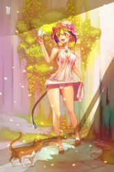 10s 1girl :d android animal animal_on_hand artist_name bare_arms bare_legs blush bow breasts bug butterfly butterfly_on_hand cable cable_tail cat cleavage clothes_lift collarbone dappled_sunlight dimension_w dress dress_lift fence flower full_body gluteal_fold grass green_eyes green_hair hat hat_bow hat_ribbon highres insect legs_apart light_particles mechanical_tail multicolored_hair open_mouth outdoors panties pink_bow plant platform_footwear puddle purple_hair ribbon shade short_hair sideboob skirt_hold sleeveless sleeveless_dress smile standing standing_on_one_leg streaked_hair summer sundress sunlight tail two-tone_hair underwear upskirt vines water white_dress white_panties wookyung yellow_flower yurizaki_mira