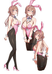 1girl absurdres alternate_costume animal_ear_hairband animal_ears ass between_breasts black_pantyhose blue_ribbon blush breasts brown_hair commentary_request cropped_legs cross-laced_clothes cross-laced_leotard deras detached_collar fake_animal_ears fake_tail full_body gakuen_idolmaster hairband high_heels highres himesaki_rinami idolmaster lanyard large_breasts leotard long_hair looking_at_viewer multiple_views neck_ribbon pantyhose pink_leotard pink_shoes playboy_bunny rabbit_ear_hairband rabbit_ears rabbit_tail ribbon shoes sideboob simple_background smile strap_between_breasts strapless strapless_leotard tail very_long_hair white_background wrist_cuffs