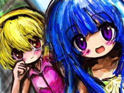 2girls :d black_hairband blonde_hair blue_hair blunt_bangs blush blush_stickers closed_mouth collarbone collared_shirt crying crying_with_eyes_open dress dutch_angle frown furude_rika green_dress hair_between_eyes hairband hand_up higurashi_no_naku_koro_ni hoiimhoi houjou_satoko jacket long_hair looking_at_viewer multiple_girls open_mouth pink_jacket pink_shirt purple_eyes red_eyes ribbon sad shirt short_hair sleeveless sleeveless_shirt smile tears upper_body wiping_tears yellow_ribbon