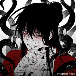 Rule 34 | 1boy, bags under eyes, bandaged arm, bandaged chest, bandaged hand, bandaged neck, bandages, black hair, black nails, blush, chinese clothes, chinese commentary, clenched teeth, coat, collarbone, creature, crying, crying with eyes open, dao gui yi xian, eyelashes, hair between eyes, hair bun, hand on own face, hand up, hanfu, li huowang, li sui (tentacles), long hair, looking at viewer, male focus, monochrome, nail polish, one eye closed, parted lips, red coat, red eyes, scar, scar on hand, sidelocks, single hair bun, solo, spot color, sweat, tears, teeth, tentacles, tentacles on male, tgoo, upper body, watermark, weibo watermark, white hanfu, wiping tears