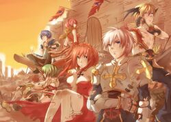 2girls 4boys animal animal_around_neck armband armor belt black_belt black_gloves black_pants black_tabard black_wings blonde_hair blue_cape blue_eyes blue_hair blue_jacket breastplate brown_gloves brown_shirt brown_shorts cape castle chainmail champion_(ragnarok_online) championship_belt closed_mouth coat commentary crop_top cross cross_of_prontera dress feet_out_of_frame fingerless_gloves flag fox frilled_hairband frills fur-trimmed_cape fur-trimmed_gloves fur-trimmed_jacket fur-trimmed_shirt fur-trimmed_shorts fur_trim gloves gold_trim green_hair grey_hair grey_pants hairband head_wings high_priest_(ragnarok_online) hood hooded_coat jacket juliet_sleeves long_hair long_sleeves lord_knight_(ragnarok_online) multicolored_coat multiple_boys multiple_girls open_clothes open_jacket pants pants_under_shorts pauldrons pink_hair pink_hairband professor_(ragnarok_online) puffy_sleeves ragnarok_online red_coat red_dress shirt short_hair short_sleeves shorts shoulder_armor sitting sleeveless sleeveless_coat sleeveless_dress sleeveless_shirt smile sniper_(ragnarok_online) spiked_gauntlets stalker_(ragnarok_online) standing sunset tabard thighhighs two-tone_coat two-tone_dress two-tone_gloves two-tone_shirt waist_cape white_coat white_dress white_gloves white_thighhighs wings zearyu