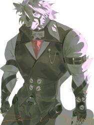 1boy animal_ears ascot black_gloves claws closed_mouth erji eyepatch fang fang_out fingerless_gloves furry furry_male gloves grey_pants grey_vest hashtag-only_commentary male_focus pants red_ascot red_eyes tail vest von_lycaon white_background wolf_boy wolf_ears wolf_tail zenless_zone_zero
