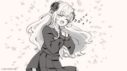 Rule 34 | 1girl, :d, ^ ^, animal ears, beamed eighth notes, blush, brown background, closed eyes, eighth note, highres, hololive, horns, long hair, long sleeves, monochrome, musical note, official art, open mouth, own hands together, pleated skirt, puffy long sleeves, puffy sleeves, quarter note, rino cnc, sailor collar, school uniform, serafuku, sheep ears, sheep girl, sheep horns, shirt, simple background, skirt, smile, solo, tsunomaki watame, very long hair, virtual youtuber