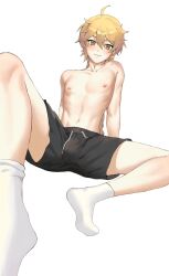 Rule 34 | 1boy, aether (genshin impact), ahoge, black shorts, blonde hair, braid, closed mouth, earrings, genshin impact, hair between eyes, highres, huahua123569, jewelry, long hair, male focus, navel, nipples, omisuu, shorts, socks, topless male, yellow eyes