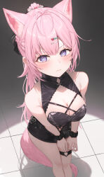 1girl absurdres animal_ears antenna_hair bare_shoulders black_dress blush breasts cleavage dress hair_ornament hairclip hakui_koyori hakui_koyori_(dark_maid) highres hololive koyokurosuki large_breasts long_hair looking_at_viewer pink_hair purple_eyes solo tail thighs virtual_youtuber wolf_ears wolf_girl wolf_tail