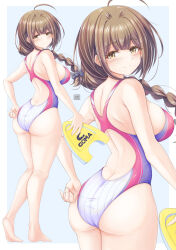 1girl absurdres ass barefoot braid braided_ponytail breasts brown_eyes brown_hair commentary competition_swimsuit from_behind hair_over_shoulder highres idolmaster idolmaster_shiny_colors kuwayama_chiyuki large_breasts long_braid long_hair looking_at_viewer looking_back multicolored_swimsuit multiple_views one-piece_swimsuit racerback single_braid swimsuit tong_shui white_one-piece_swimsuit wide_hips zoom_layer