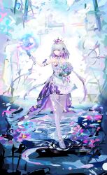 1girl absurdres bare_shoulders bouquet bug butterfly castorice_(honkai:_star_rail) dress flower full_body hair_flower hair_ornament highres holding holding_bouquet honkai:_star_rail honkai_(series) insect long_hair luta_(luta_1013) pantyhose pointy_ears purple_eyes purple_hair purple_hands twitter_username wading white_dress white_pantyhose