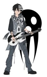 1boy alternate_costume bead_bracelet beads black_hair black_shoes bracelet cgvske1003 closed_mouth commentary death_the_kid full_body guitar highres holding holding_instrument instrument jewelry korean_commentary looking_at_viewer male_focus multicolored_hair open_clothes pants ring scarf shirt shoes simple_background solo soul_eater standing white_hair yellow_eyes