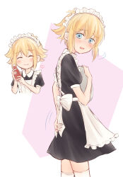 1boy absurdres alternate_costume antenna_hair basil_(faraway)_(omori) basil_(omori) blonde_hair blue_eyes blush closed_eyes closed_mouth commentary enmaided highres holding holding_tray looking_at_viewer maid maid_headdress male_focus omori open_mouth segue5o short_hair short_sleeves solo symbol-only_commentary thighhighs tray white_thighhighs